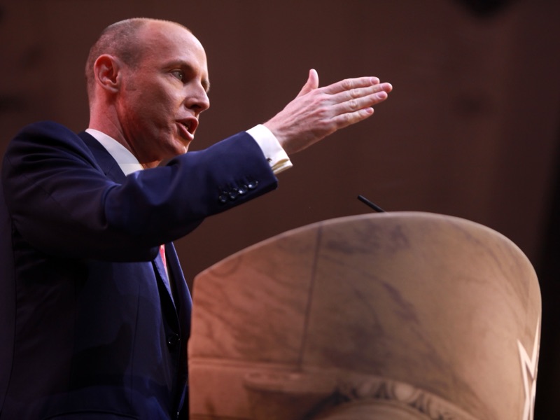 Daniel Hannan speaking and gesturing at a lectern, 2014